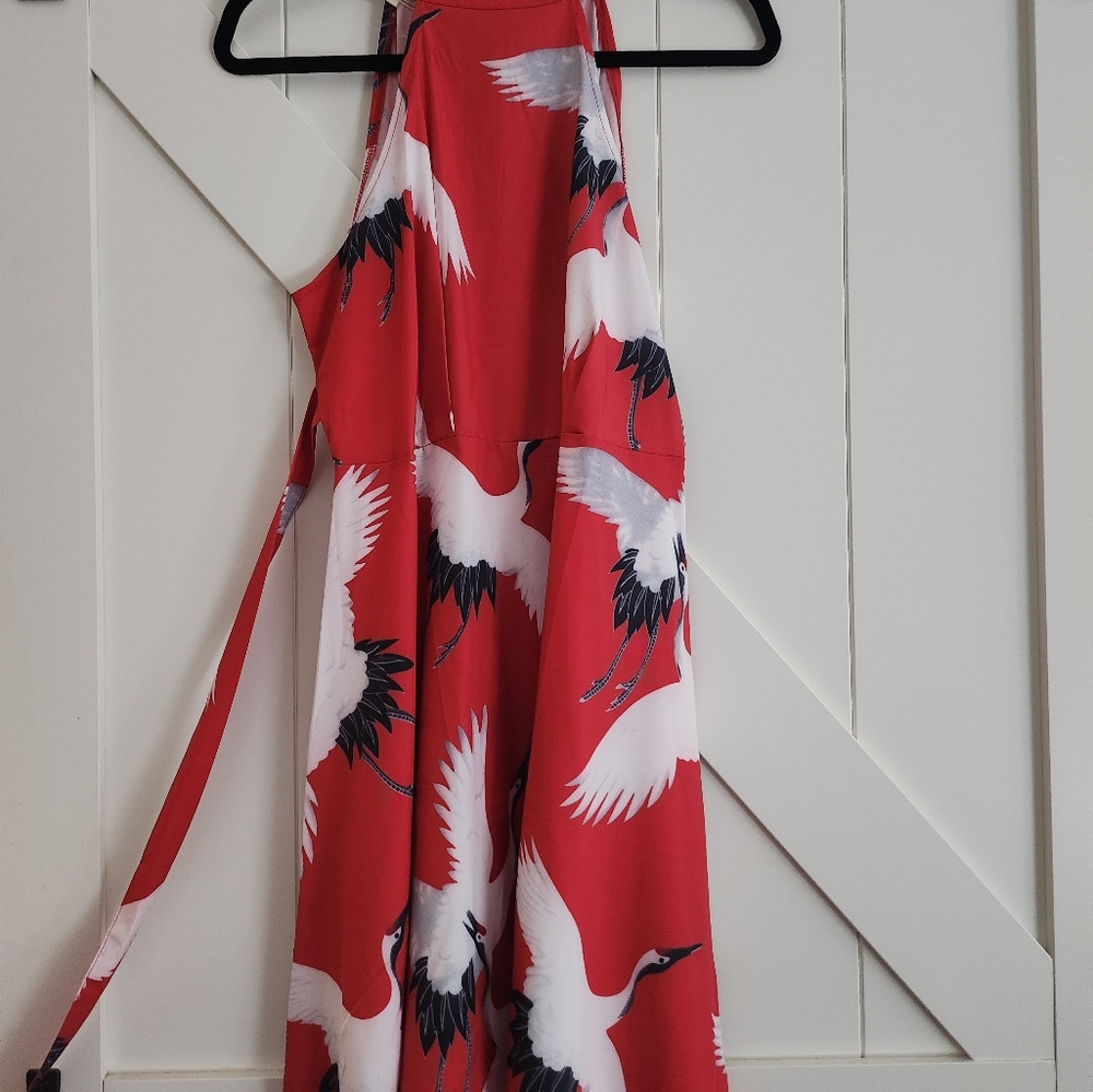 Red Crane Print Dress